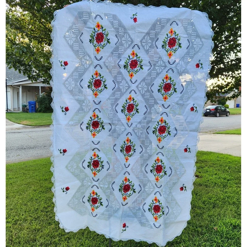 Vintage Embroidered Floral Tablecloth Cross Stitch Openwork Lace Cottagecore